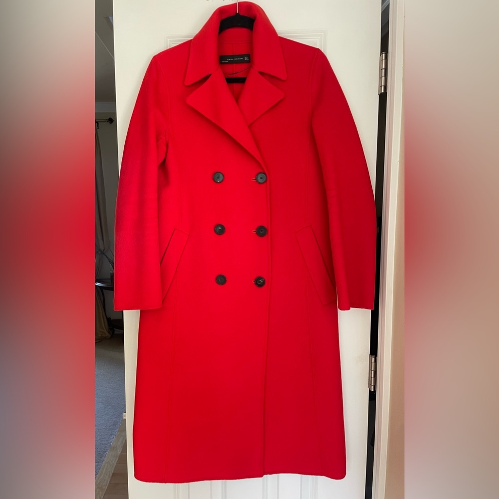 ZARA Woman - Wool Long Coat - Size Small - Red - Excellent Condition